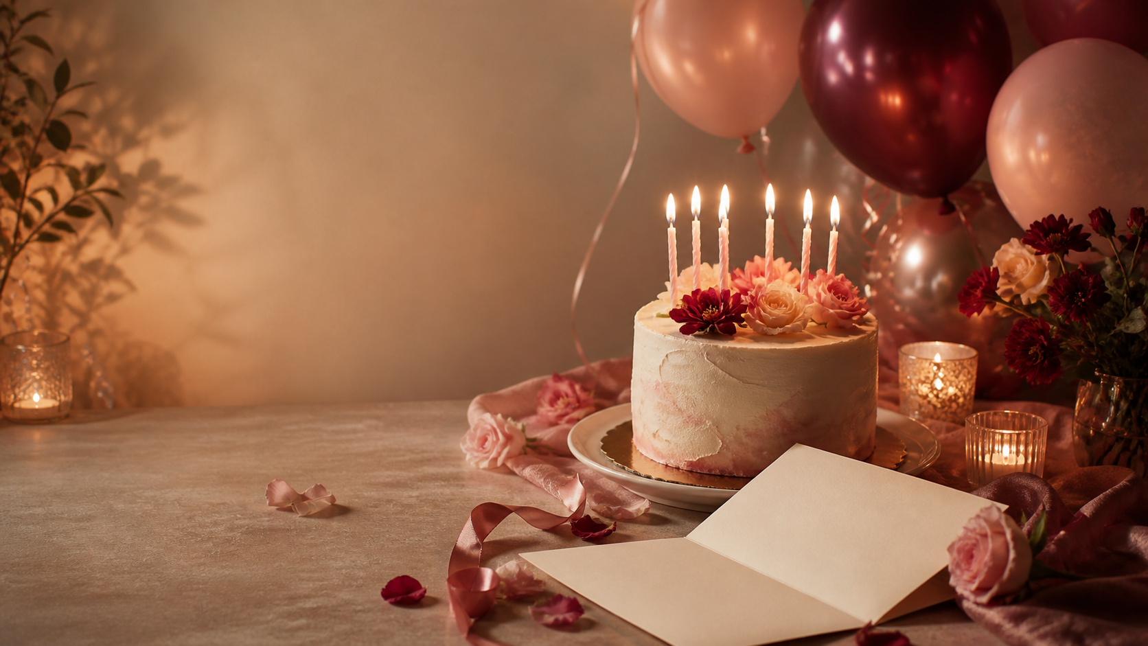 A candlelit birthday cake surrounded by blush balloons, ribbons, flowers, and an open letter